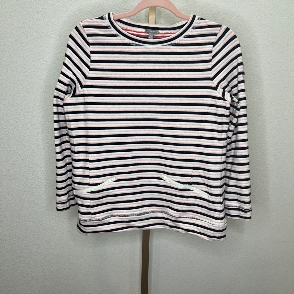 T by Talbots White, Pink, Black Stripe Crew Neck Long Sleeve Pocket Top Size MP